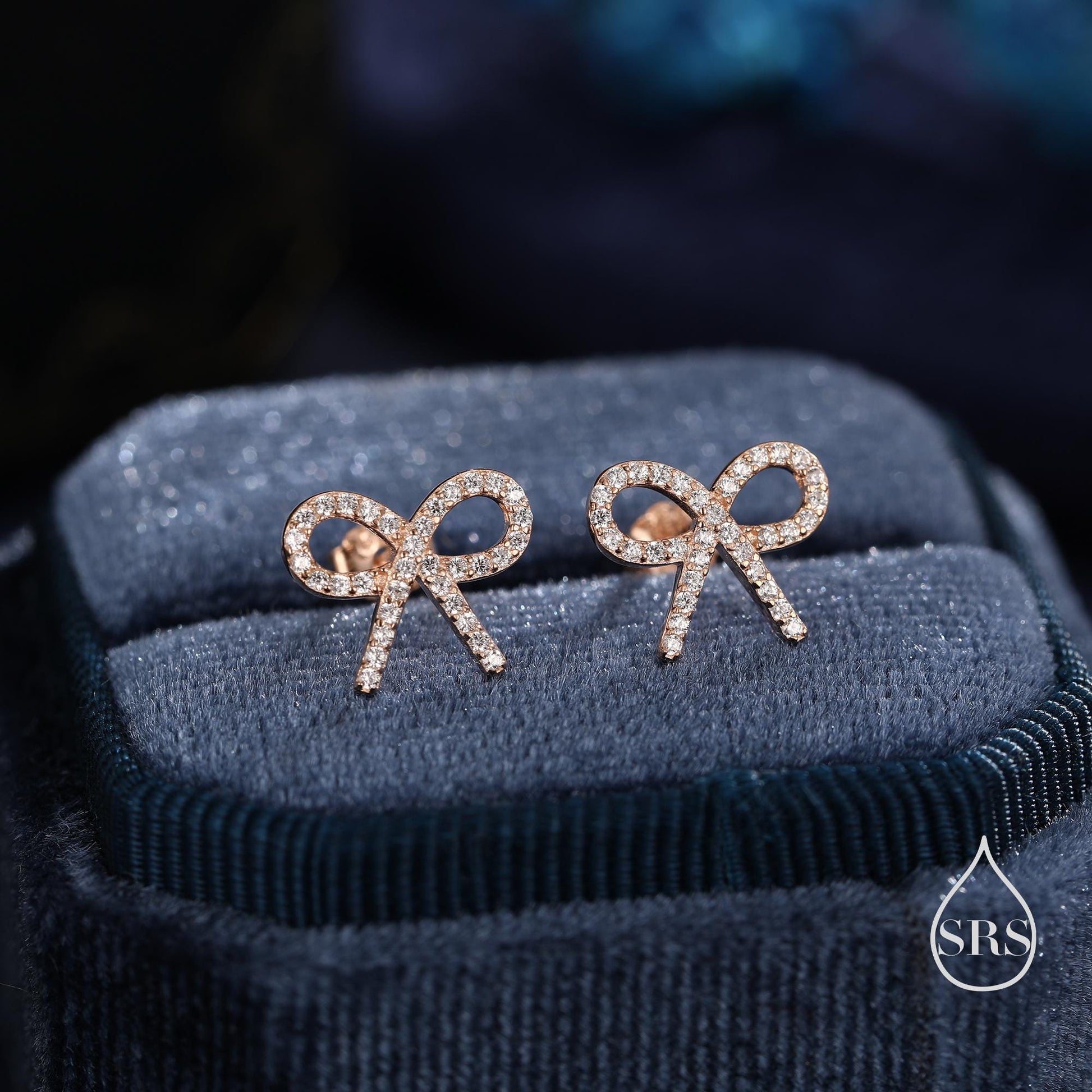 CZ Ribbon Bow Stud Earrings in Sterling Silver, Silver or Gold or Rose Gold, Dainty Earrings, Bridesmaid's Jewellery