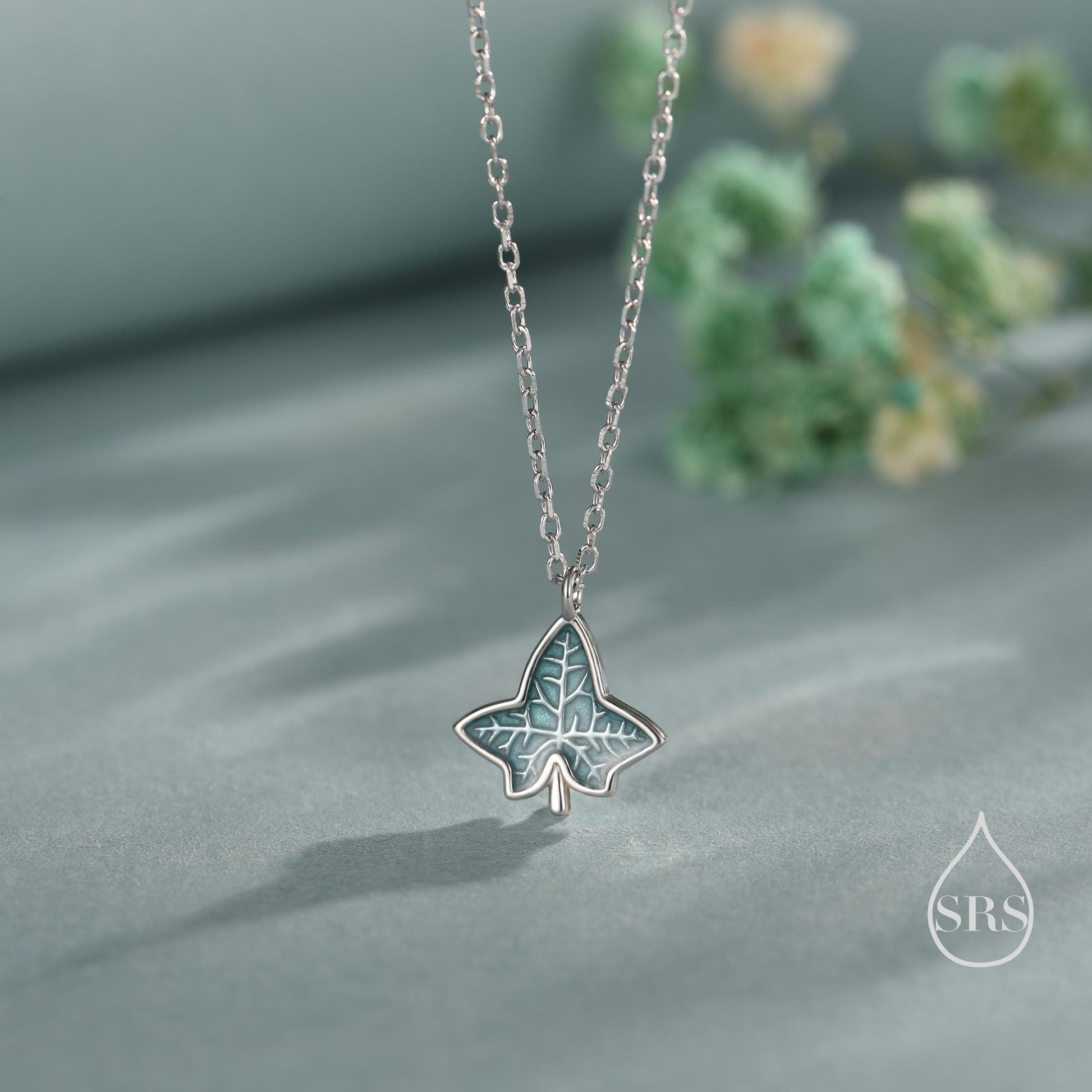 Ivy Leaf Pendant Necklace in Sterling Silver, Enamel Glaze Ivy Necklace, Playful and Quirky Leaf Necklace