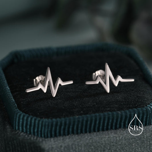 Sterling Silver Heart Beat Stud Earrings, Silver or Gold or Rose Gold, Heart Beat Anaogram Earrings, Cute and Quirky Earrings