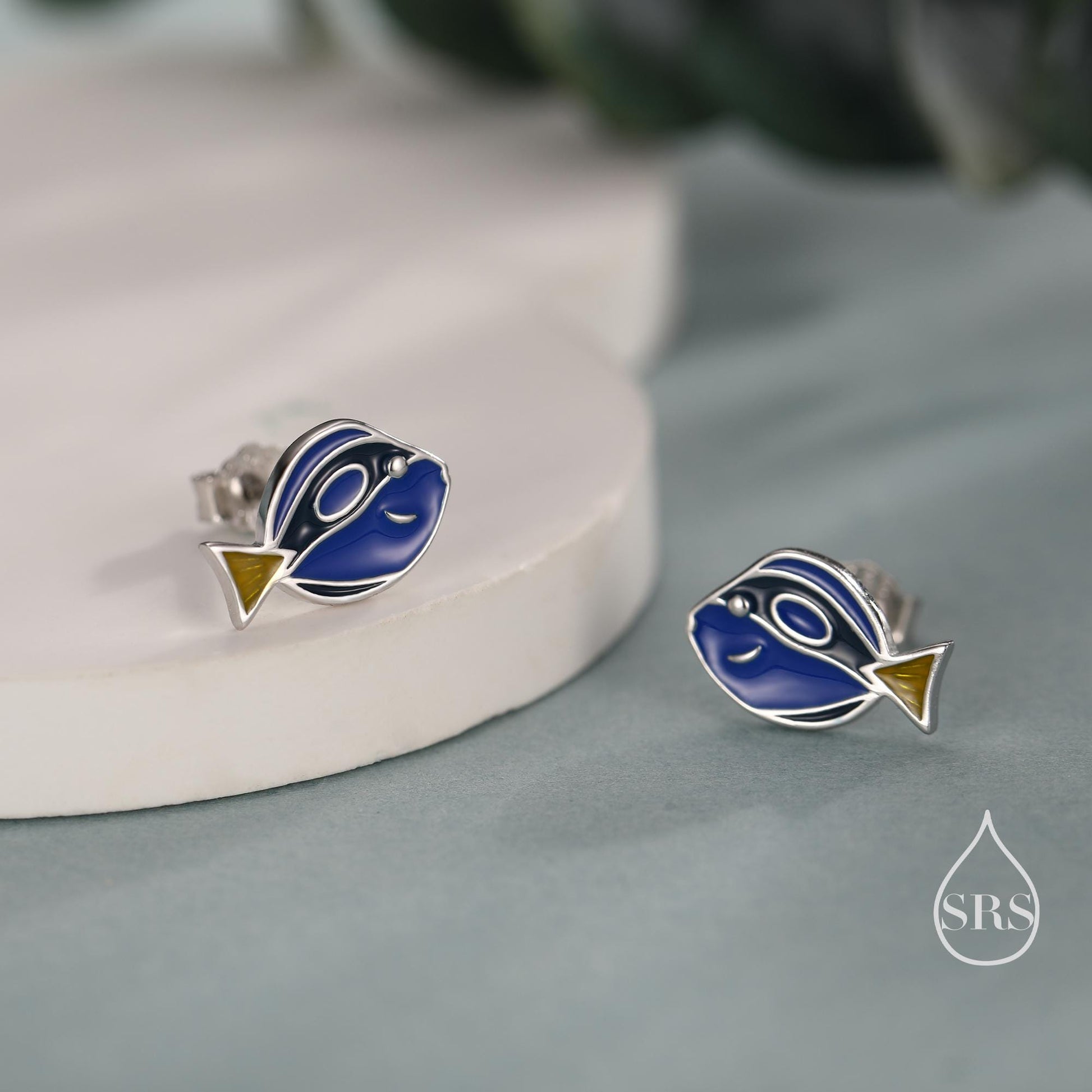 Sterling Silver Blue Tang Fish Stud Earring, Enamel Fish Earrings, Tiny Fish Earrings, Tiny Tropical Fish Stud