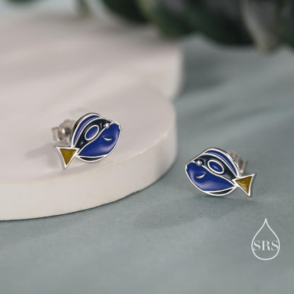 Sterling Silver Blue Tang Fish Stud Earring, Enamel Fish Earrings, Tiny Fish Earrings, Tiny Tropical Fish Stud