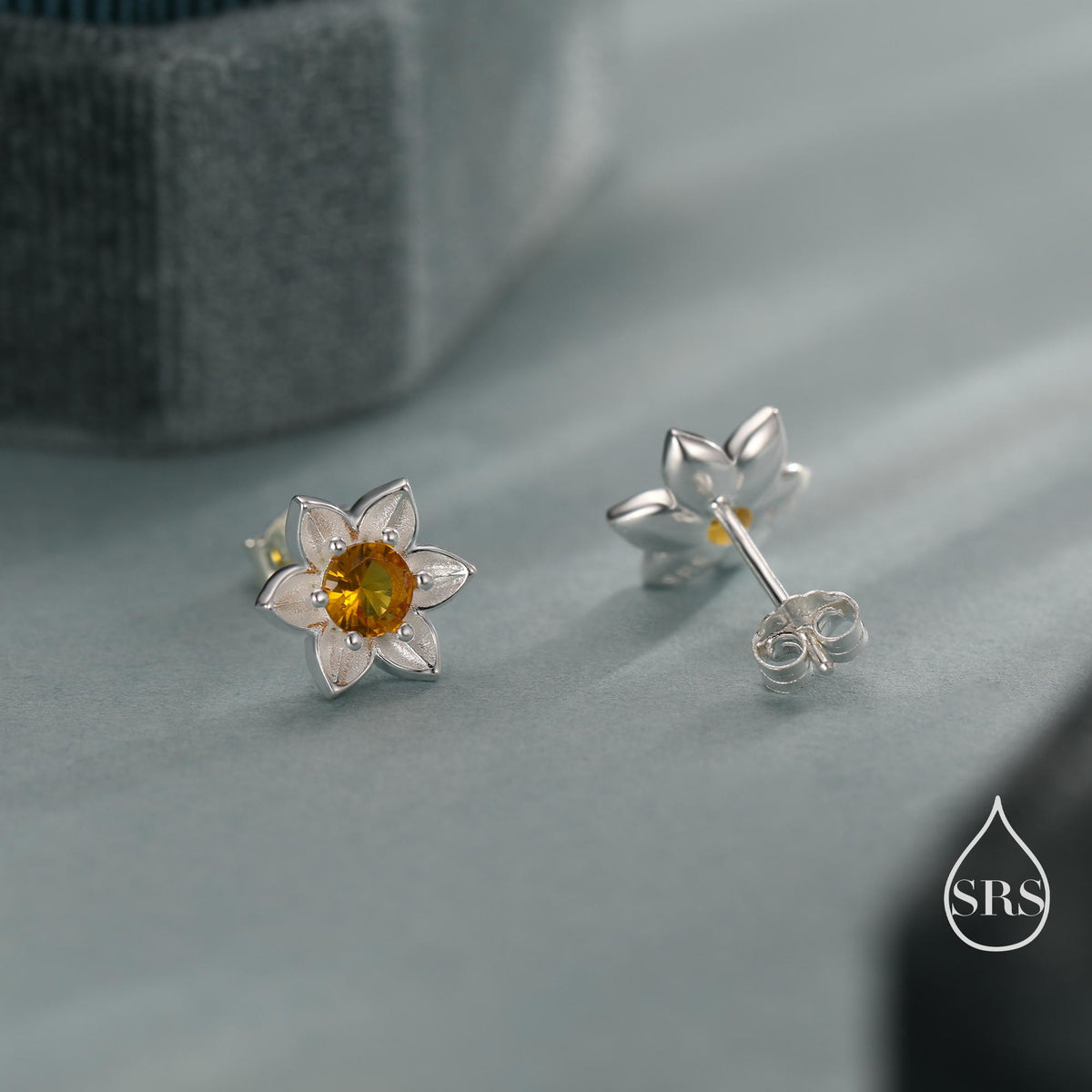 Daffodil CZ Stud Earrings in Sterling Silver, Tiny Flower Earrings, Small Daffodil Earrings, Forget-me-not Stud, Birth Flower for March
