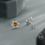 Daffodil CZ Stud Earrings in Sterling Silver, Tiny Flower Earrings, Small Daffodil Earrings, Forget-me-not Stud, Birth Flower for March