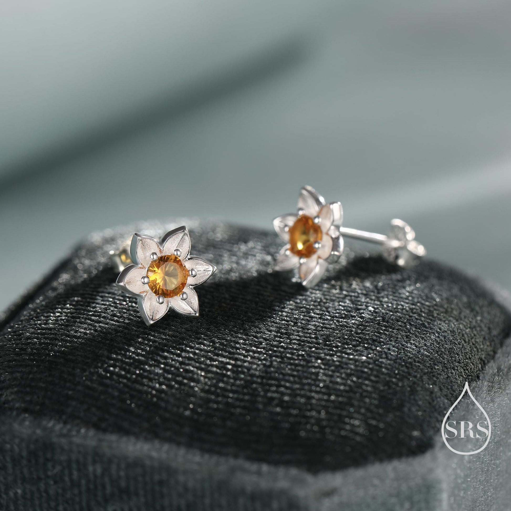 Daffodil CZ Stud Earrings in Sterling Silver, Tiny Flower Earrings, Small Daffodil Earrings, Forget-me-not Stud, Birth Flower for March