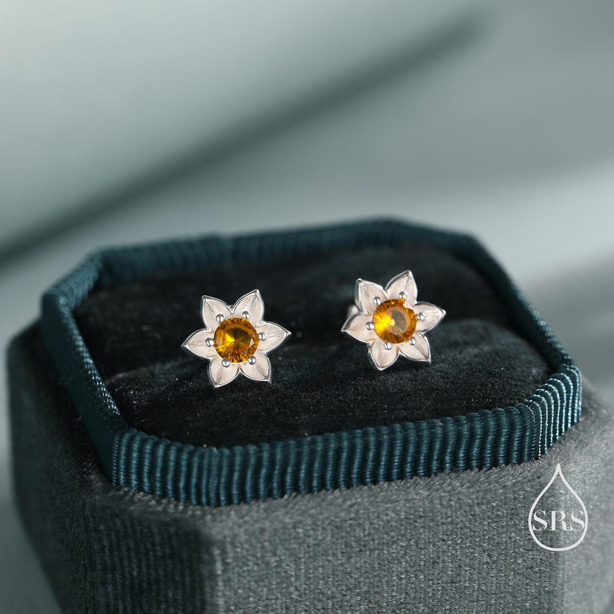 Daffodil CZ Stud Earrings in Sterling Silver, Tiny Flower Earrings, Small Daffodil Earrings, Forget-me-not Stud, Birth Flower for March