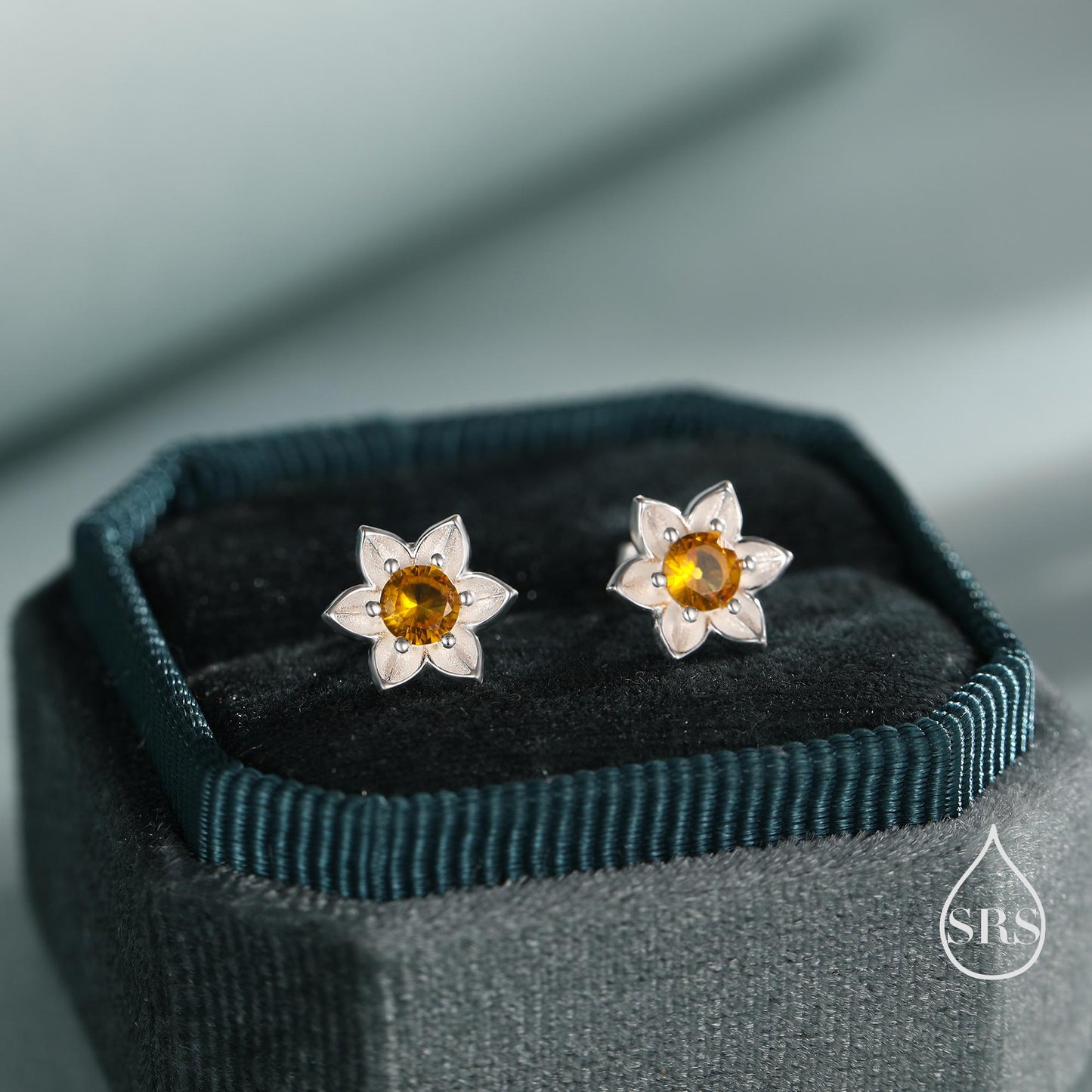 Daffodil CZ Stud Earrings in Sterling Silver, Tiny Flower Earrings, Small Daffodil Earrings, Forget-me-not Stud, Birth Flower for March