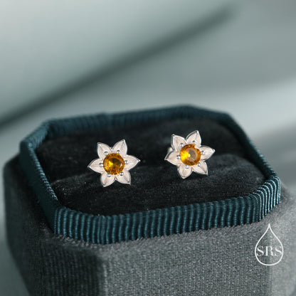 Daffodil CZ Stud Earrings in Sterling Silver, Tiny Flower Earrings, Small Daffodil Earrings, Forget-me-not Stud, Birth Flower for March