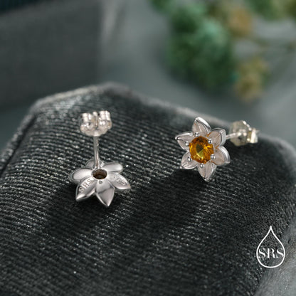 Daffodil CZ Stud Earrings in Sterling Silver, Tiny Flower Earrings, Small Daffodil Earrings, Forget-me-not Stud, Birth Flower for March