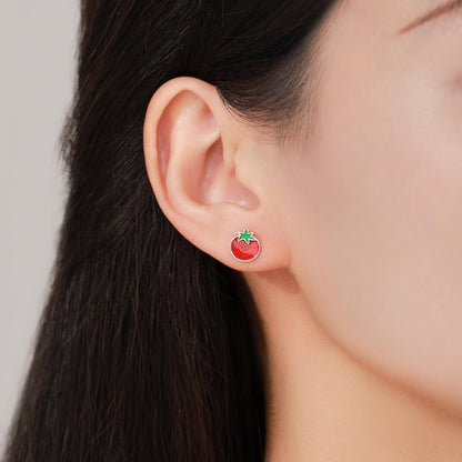 Tomato Stud Earrings in Sterling Silver, Silver or Gold Finish, Tomato Fruit Earrings, Enamel Tomato Earrings