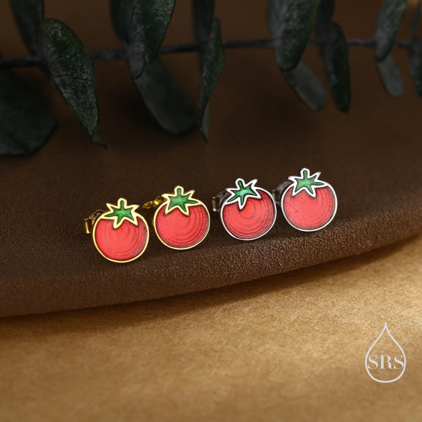Tomato Stud Earrings in Sterling Silver, Silver or Gold Finish, Tomato Fruit Earrings, Enamel Tomato Earrings