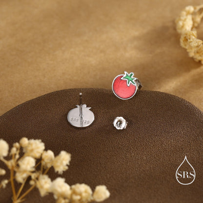 Tomato Stud Earrings in Sterling Silver, Silver or Gold Finish, Tomato Fruit Earrings, Enamel Tomato Earrings