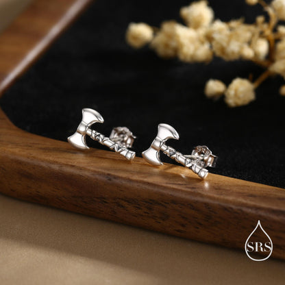 Sterling Silver Double-Headed Viking Axe Stud Earrings, Silver or Gold or Rose Gold Finish, Viking Jewellery