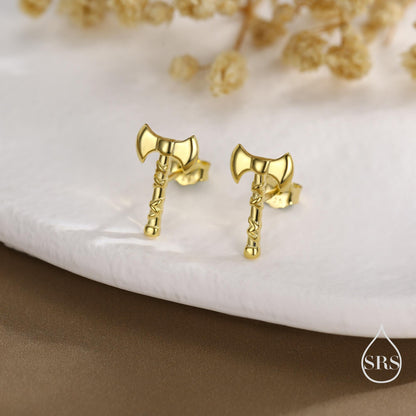 Sterling Silver Double-Headed Viking Axe Stud Earrings, Silver or Gold or Rose Gold Finish, Viking Jewellery