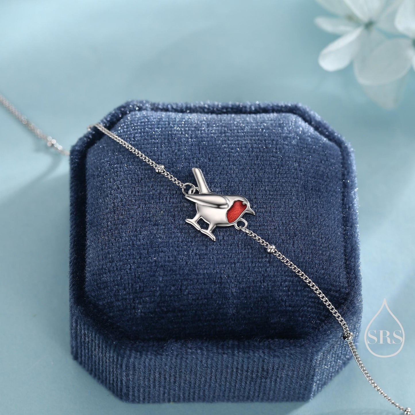 Delicate Robin Bird Bracelet in Sterling Silver with a Satellite Chain, Nature Inspired Bird Jewellery, Minimalist, Simple and Tiny