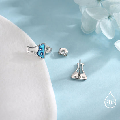 Sterling Silver Chemistry Flask Stud Earrings, Available in Silver, Gold or Rose Gold Finish, Cute Fun Quirky, Science Inspired