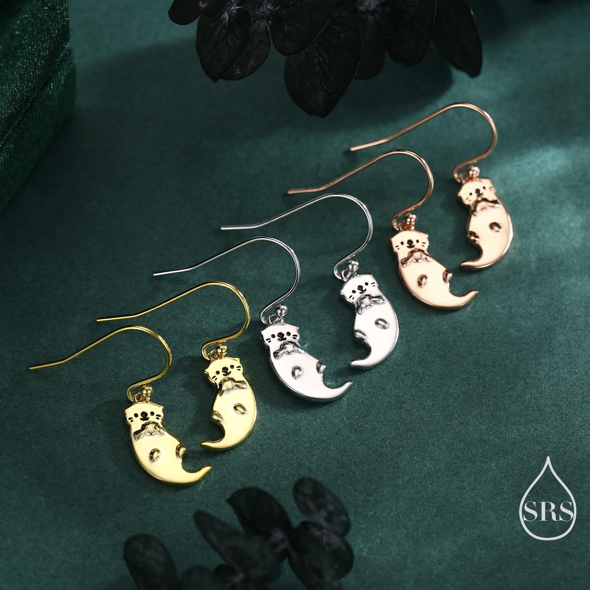 Sterling Silver Otter Drop Earrings, Silver or Gold or Rose Gold, Otter Hook Earrings, Dangle Earrings, Nature Inspired Animal Earrings