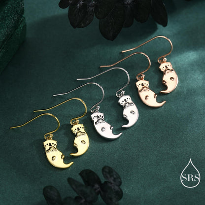 Sterling Silver Otter Drop Earrings, Silver or Gold or Rose Gold, Otter Hook Earrings, Dangle Earrings, Nature Inspired Animal Earrings