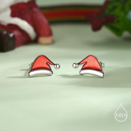 Enamel Christmas Hat Stud Earrings in Sterling Silver, Red Enamel Christmas Earrings, Perfect Christmas Gift