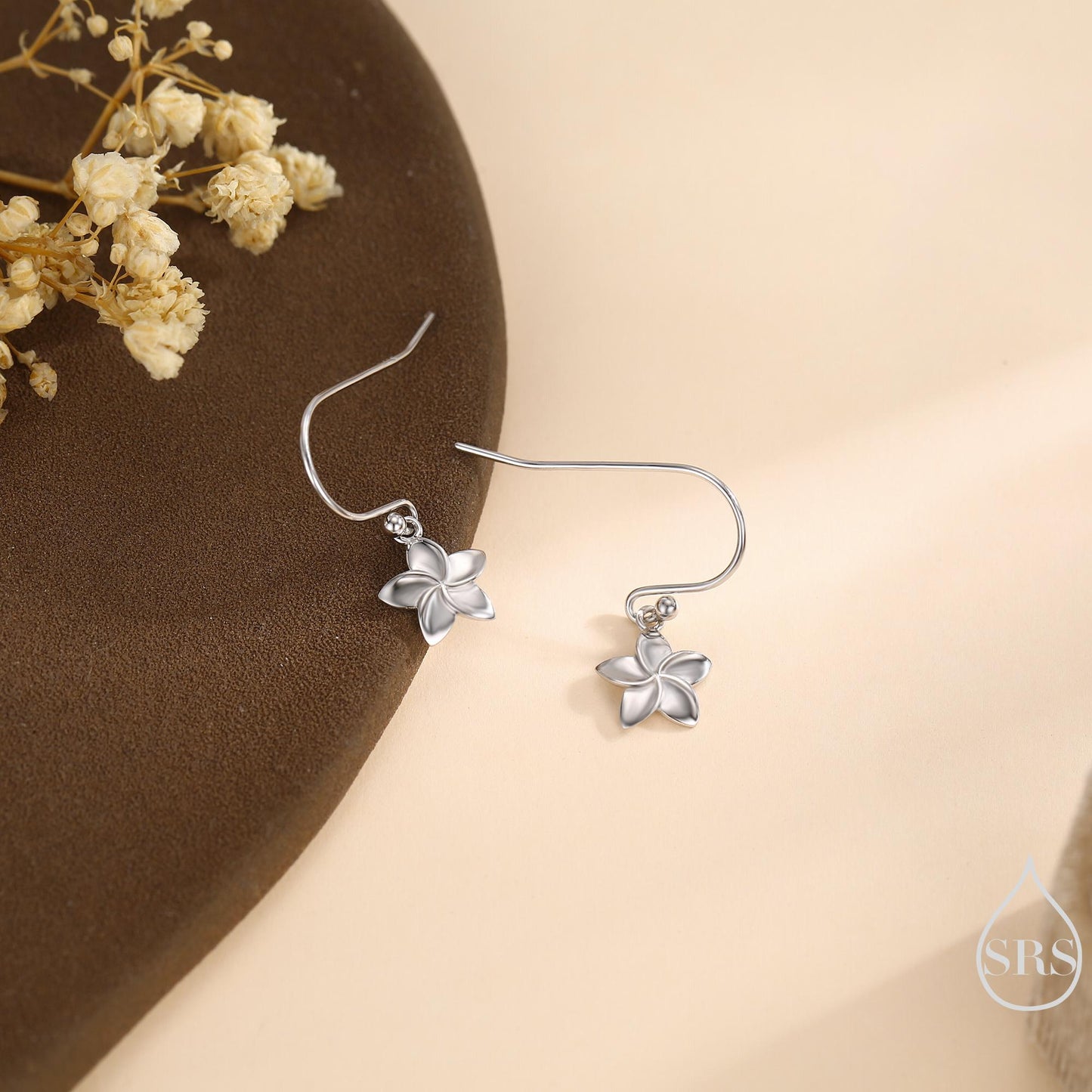Tiny Plumeria Flower Drop Hook Earrings in Sterling Silver, Silver, Gold or Rose Gold, Flower Earrings, Nature Inspired