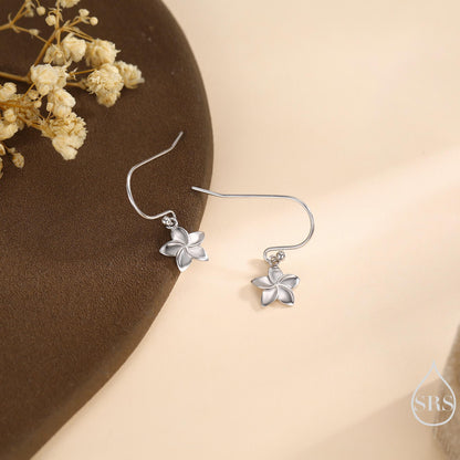 Tiny Plumeria Flower Drop Hook Earrings in Sterling Silver, Silver, Gold or Rose Gold, Flower Earrings, Nature Inspired