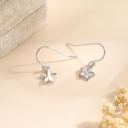 Tiny Plumeria Flower Drop Hook Earrings in Sterling Silver, Silver, Gold or Rose Gold, Flower Earrings, Nature Inspired