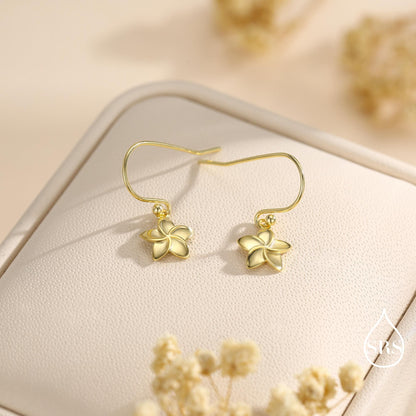 Tiny Plumeria Flower Drop Hook Earrings in Sterling Silver, Silver, Gold or Rose Gold, Flower Earrings, Nature Inspired