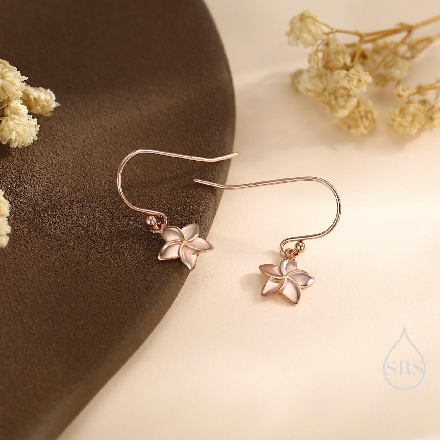 Tiny Plumeria Flower Drop Hook Earrings in Sterling Silver, Silver, Gold or Rose Gold, Flower Earrings, Nature Inspired
