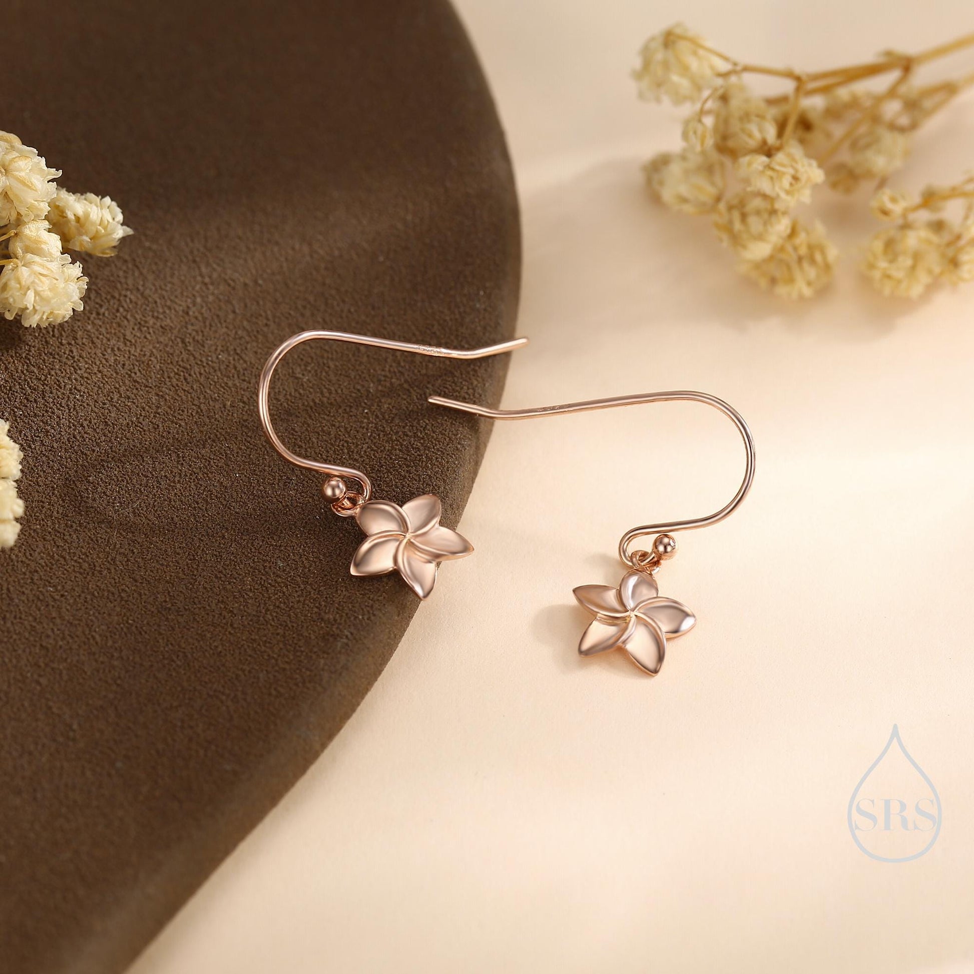 Tiny Plumeria Flower Drop Hook Earrings in Sterling Silver, Silver, Gold or Rose Gold, Flower Earrings, Nature Inspired