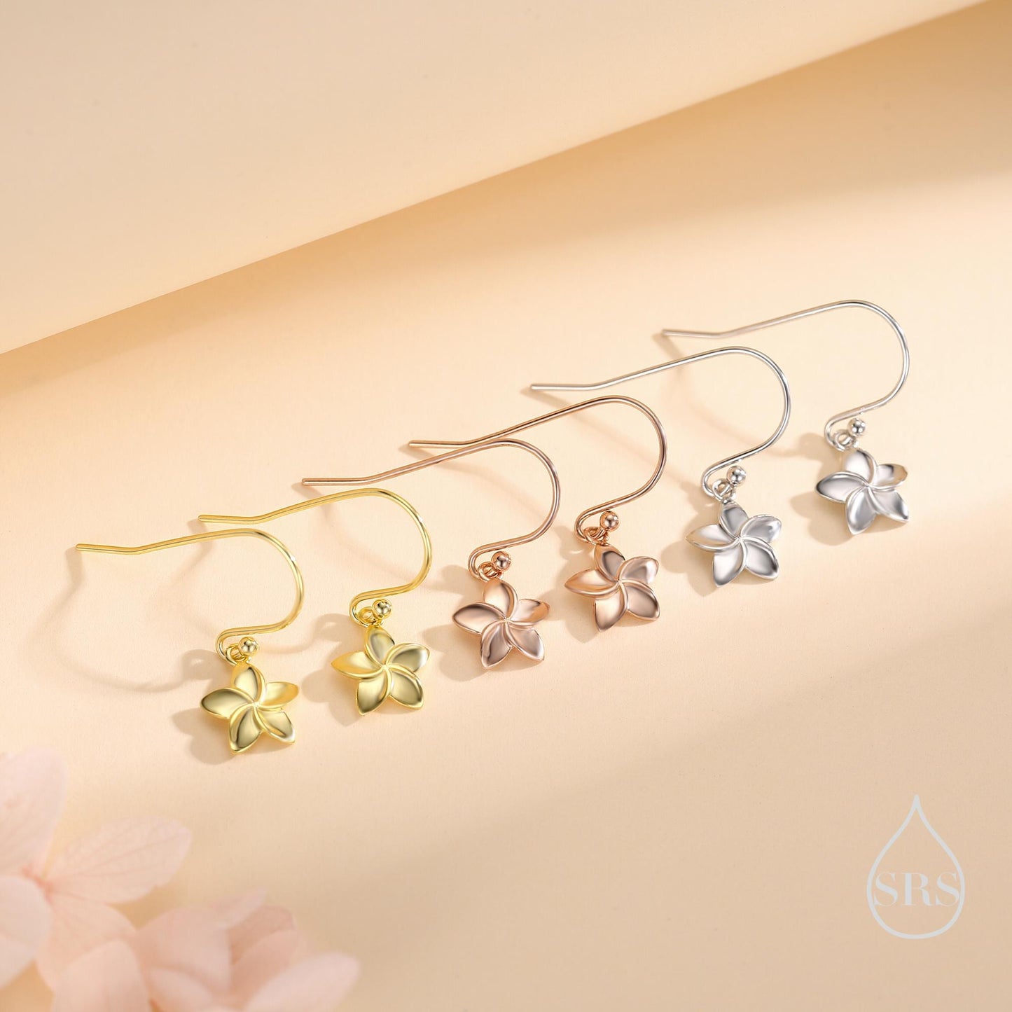 Tiny Plumeria Flower Drop Hook Earrings in Sterling Silver, Silver, Gold or Rose Gold, Flower Earrings, Nature Inspired
