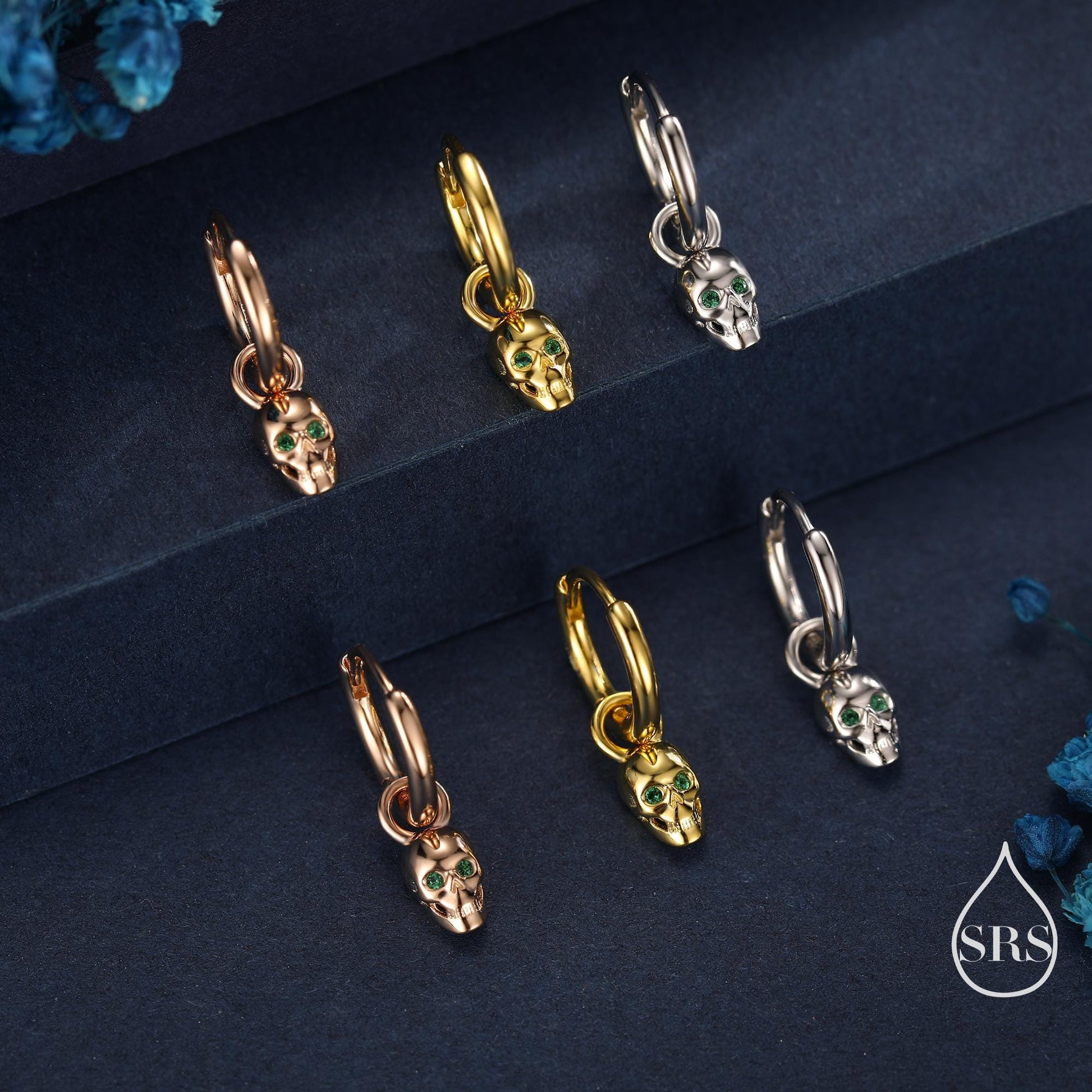 Extra Tiny Skull Huggie Hoop Earrings in Sterling Silver, Silver, Gold or Rose Gold, Detachable Skull Charms, Silver Skull Hoop Earrings