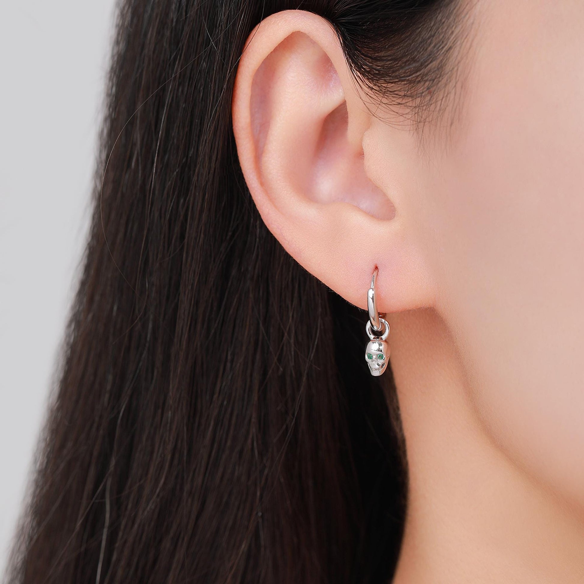 Mismatched Skull and Sword Huggie Hoop Earrings in Sterling Silver, Tiny Detachable Skull and Sword Charms, Silver Skull Hoop Earrings