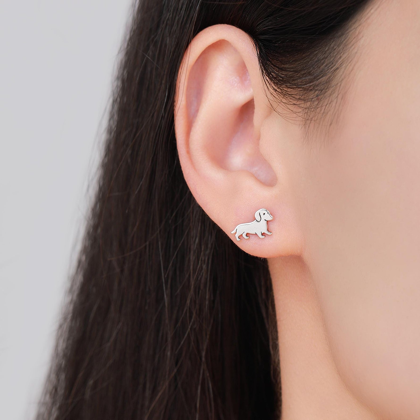 Cute Sausage Dog Puppy Stud Earrings in Sterling Silver, Silver or Gold or Rose Gold, Small Dachshund Dog Earrings, Silver Dog Earrings