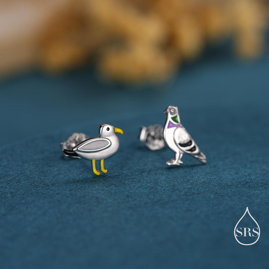 Quirky Mismatched Seagull and Pigeon Stud Earrings in Sterling Silver, Enamel Coated Pigeon Bird Earrings, Nature Inspired Animal Earrings