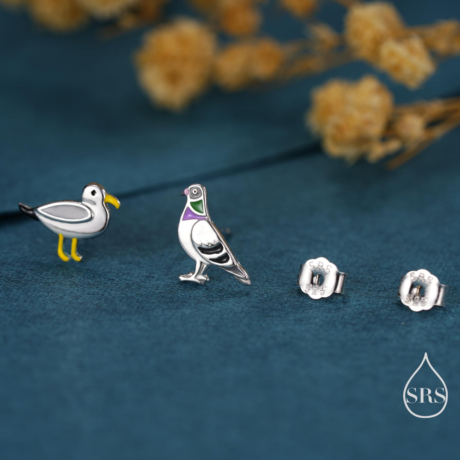 Quirky Mismatched Seagull and Pigeon Stud Earrings in Sterling Silver, Enamel Coated Pigeon Bird Earrings, Nature Inspired Animal Earrings