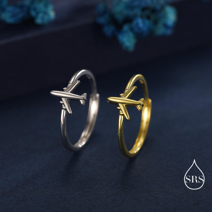 Sterling Silver Tiny Plane Ring, Silver or Gold Finish, Adjustable Size, Miniature Plane Jewellery, Aeroplane Ring, Airplane Jewellery