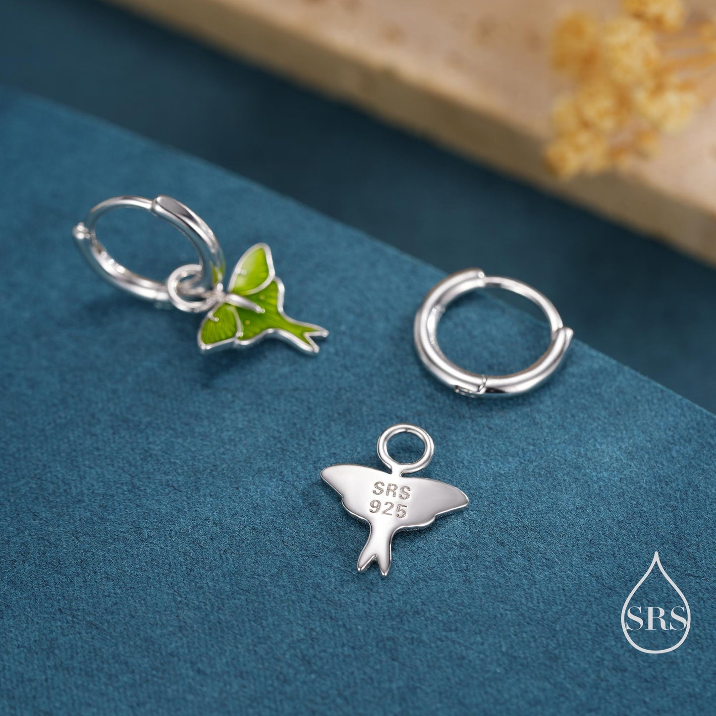 Lunar Moth Enamel Huggie Hoop Earrings in Sterling Silver, Green Enamel Butterfly Earrings, Insect Earrings, Nature-Inspired Animal Earrings