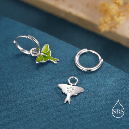 Lunar Moth Enamel Huggie Hoop Earrings in Sterling Silver, Green Enamel Butterfly Earrings, Insect Earrings, Nature-Inspired Animal Earrings