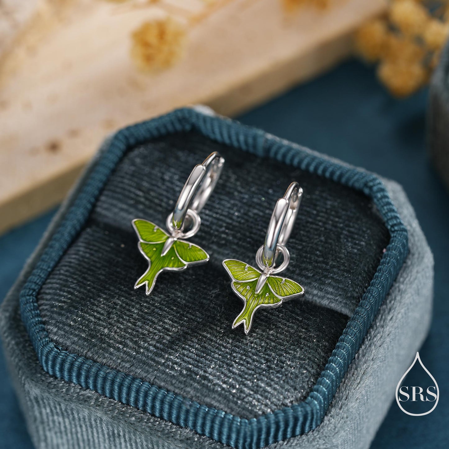 Lunar Moth Enamel Huggie Hoop Earrings in Sterling Silver, Green Enamel Butterfly Earrings, Insect Earrings, Nature-Inspired Animal Earrings