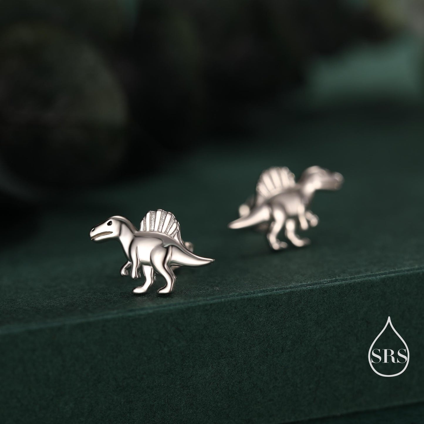 Spinosaurus Dinosaur Sterling Silver Stud Earrings – Minimalist Prehistoric Design, Silver, Gold or Rose Gold Finish, Tiny Dino Earrings