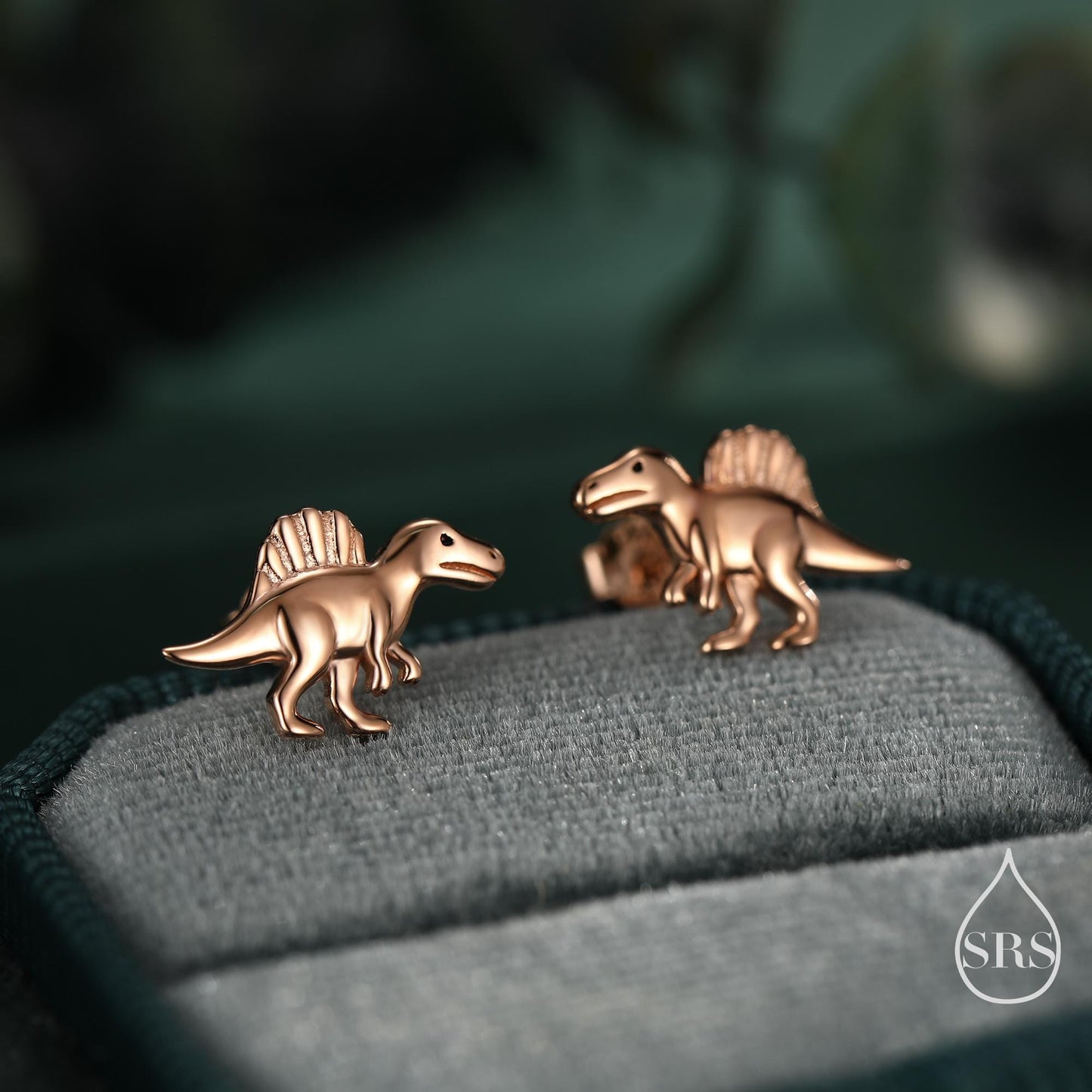Spinosaurus Dinosaur Sterling Silver Stud Earrings – Minimalist Prehistoric Design, Silver, Gold or Rose Gold Finish, Tiny Dino Earrings