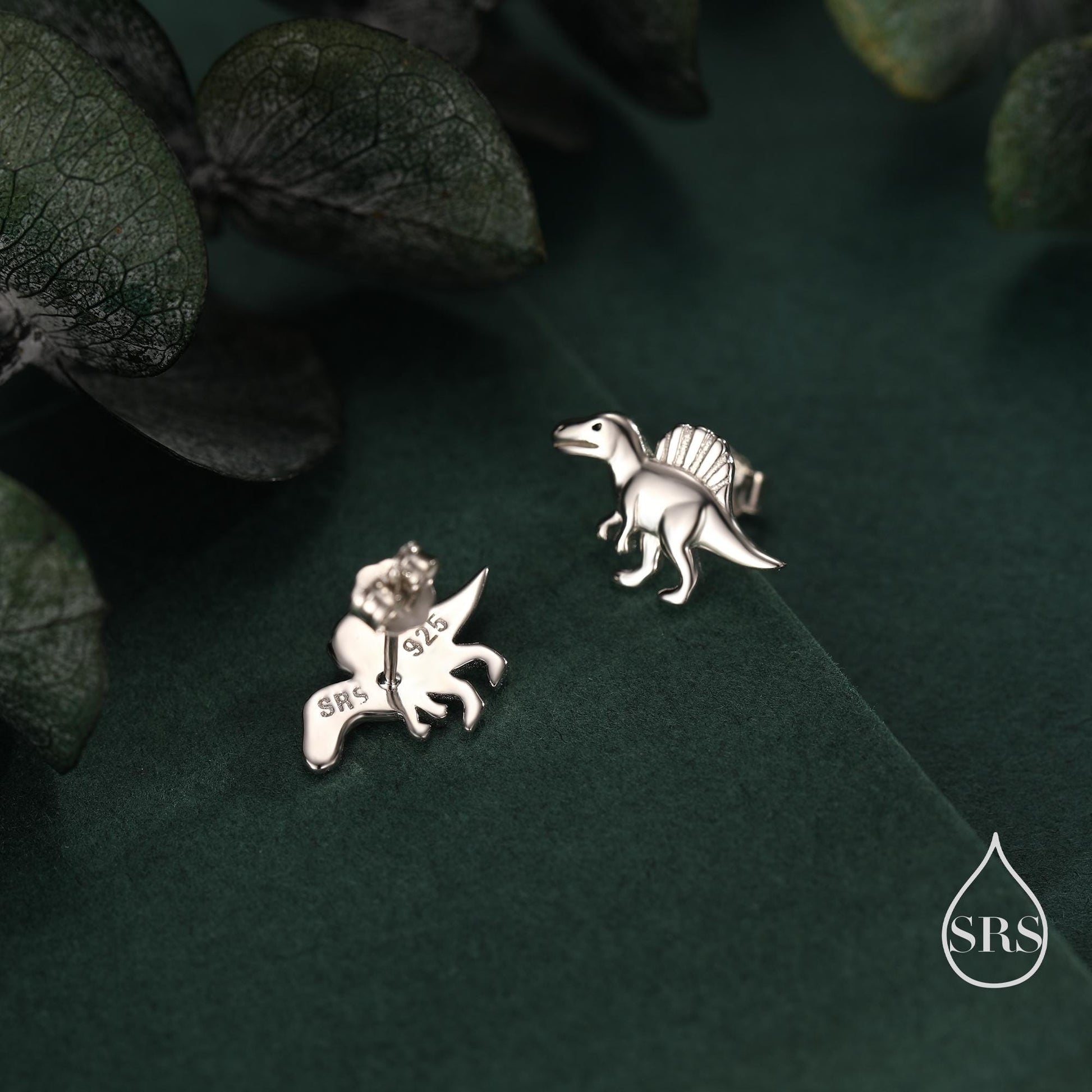 Spinosaurus Dinosaur Sterling Silver Stud Earrings – Minimalist Prehistoric Design, Silver, Gold or Rose Gold Finish, Tiny Dino Earrings