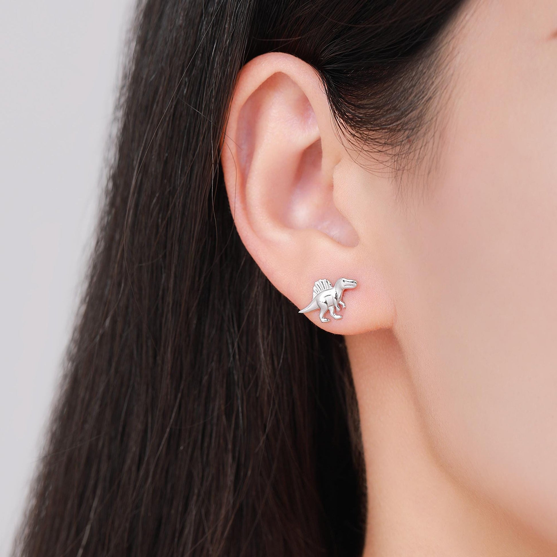 Spinosaurus Dinosaur Sterling Silver Stud Earrings – Minimalist Prehistoric Design, Silver, Gold or Rose Gold Finish, Tiny Dino Earrings
