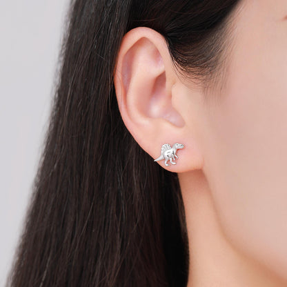 Spinosaurus Dinosaur Sterling Silver Stud Earrings – Minimalist Prehistoric Design, Silver, Gold or Rose Gold Finish, Tiny Dino Earrings
