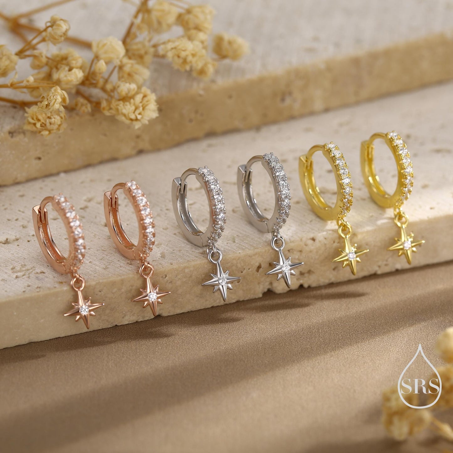 Tiny CZ Starburst Huggie Hoop Earrings in Sterling Silver, Silver or Gold, North Star Earrings, Sunburst Earrings, Celestial