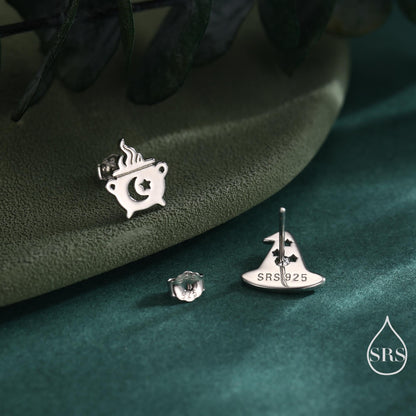 Mismatched Cauldron and Witch Hat Stud Earrings in Sterling Silver, Silver, Gold or Rose Gold, Small Halloween Earrings