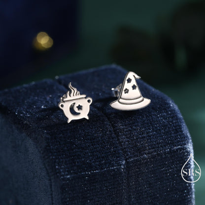 Mismatched Cauldron and Witch Hat Stud Earrings in Sterling Silver, Silver, Gold or Rose Gold, Small Halloween Earrings