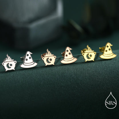 Mismatched Cauldron and Witch Hat Stud Earrings in Sterling Silver, Silver, Gold or Rose Gold, Small Halloween Earrings