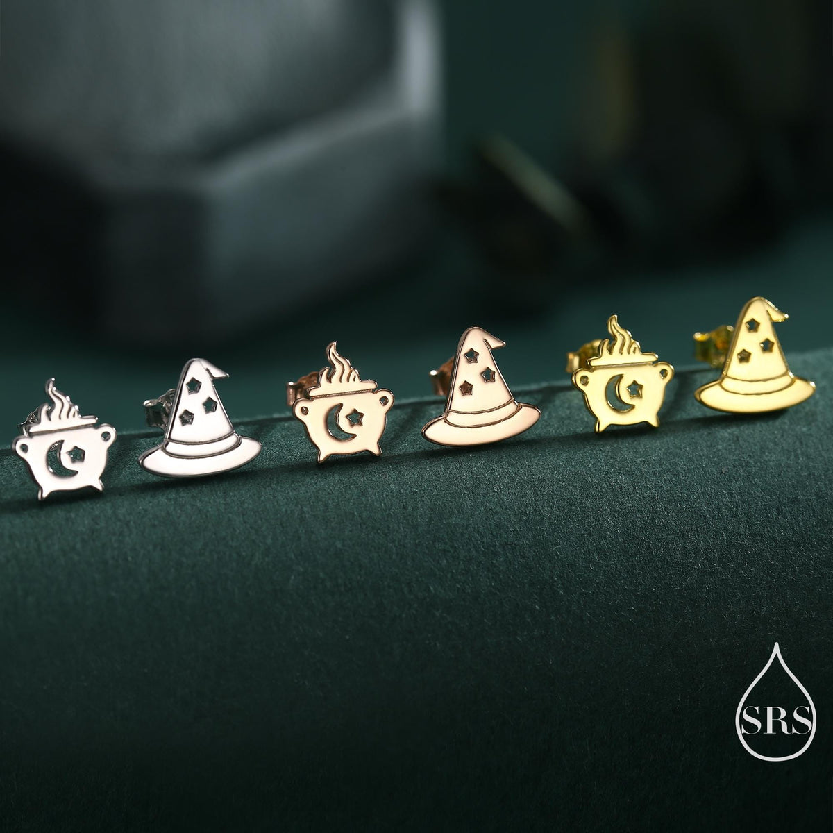 Mismatched Cauldron and Witch Hat Stud Earrings in Sterling Silver, Silver, Gold or Rose Gold, Small Halloween Earrings
