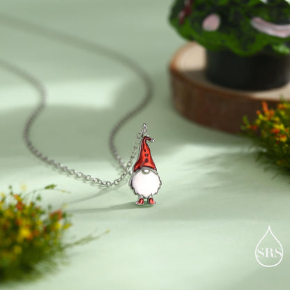 Tiny Gnome Pendant Necklace in Sterling Silver, Blue or Red, Cute Gnome Necklace, Silver Gnome Necklace
