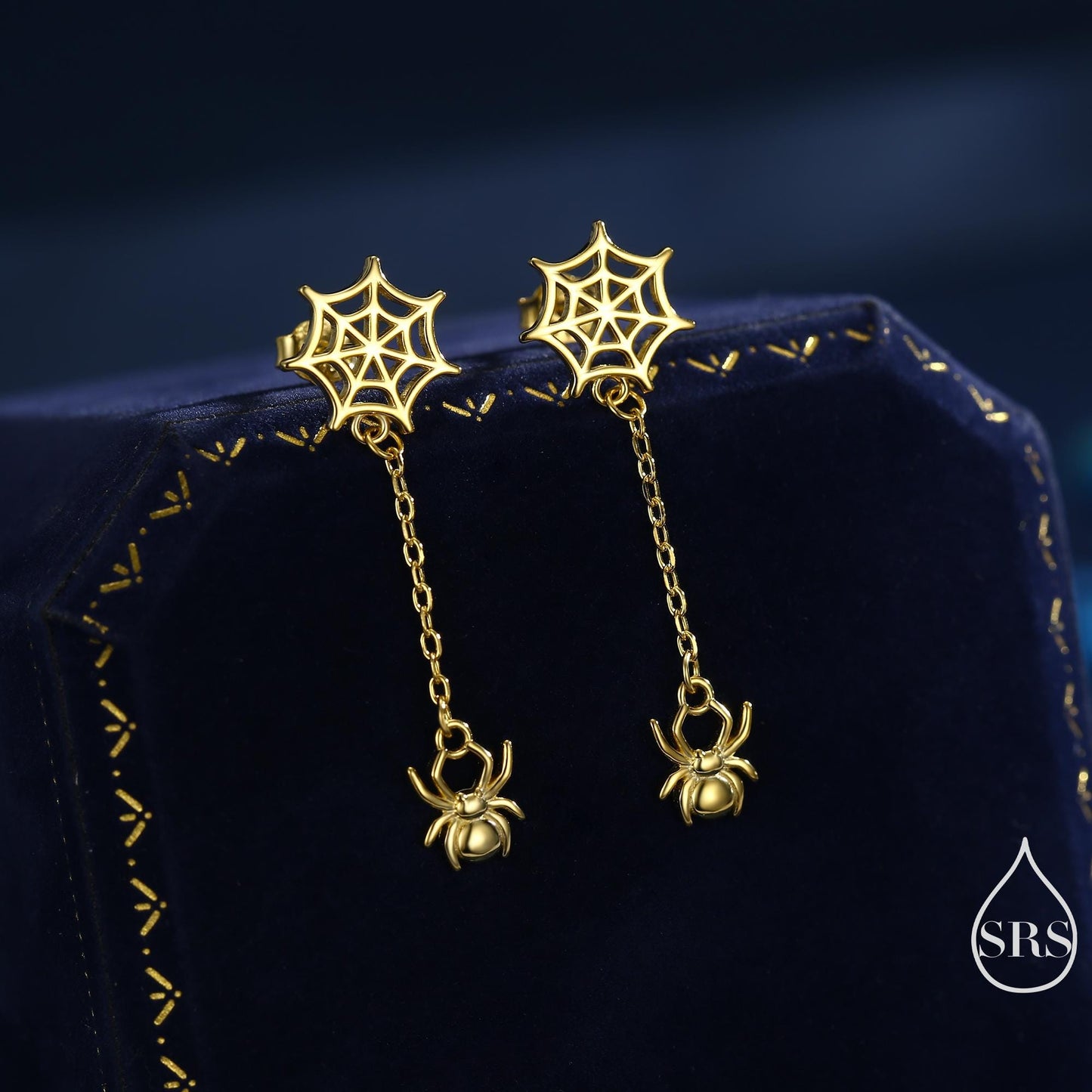 Dangling Spider and Spider Web Stud Earrings in Sterling Silver, Silver or Gold or Rose Gold, Nature Inspired, Insect Earrings